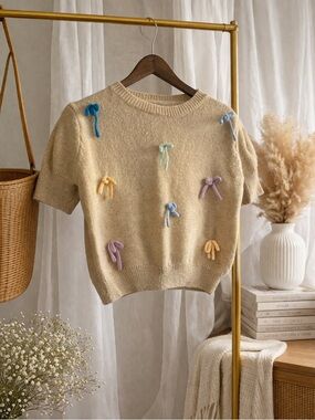 SHEIN Beige Short-Sleeve Crewneck Sweater with Pastel Bow Accents